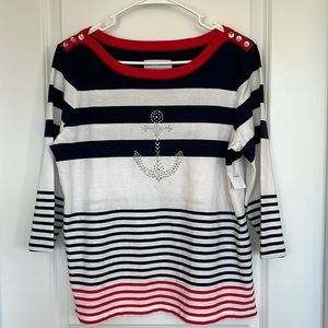 Alfred Dunner‎ Women’s Multicolor Coastal 3/4 Sleeve  Striped Sweater Size PM